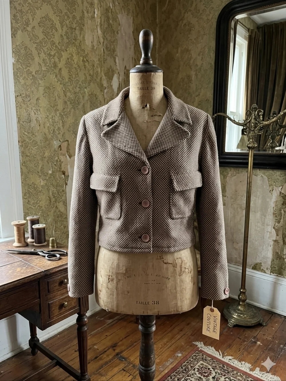 Vintage 60s/70s Brown Check Cropped Mod Blazer Jacket - European Size 42 - Picture 1 of 12